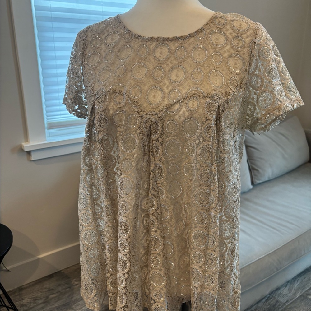 Anthropologie Cream/silver Lace Top